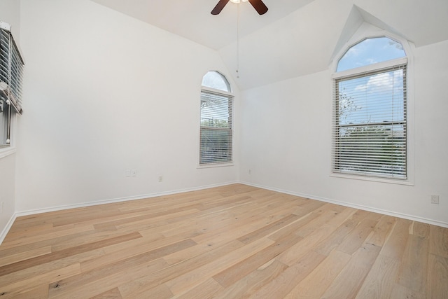 3422 Lovers Ln Unit A, University Park, TX 75225 - empty room featuring ceiling fan, light wood-style flooring, vaulted ceiling, and baseboards