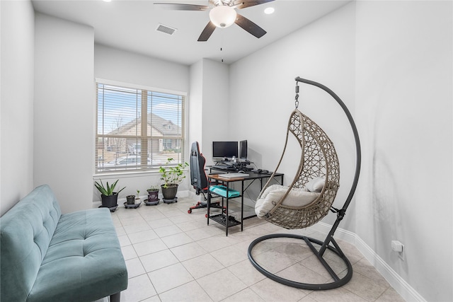home office with visible vents, light tile patterned floors, baseboards, ceiling fan, and recessed lighting