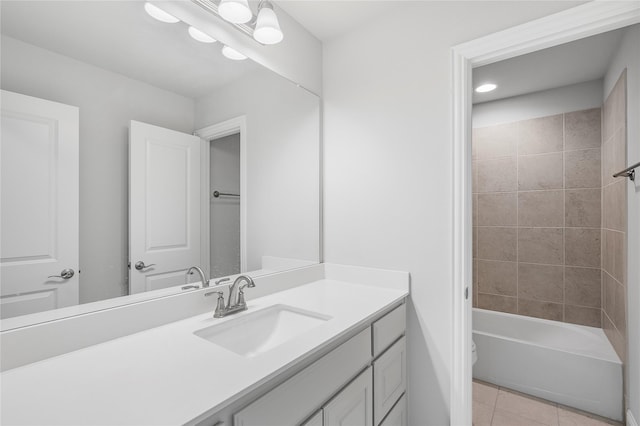 full bathroom featuring shower / washtub combination, toilet, recessed lighting, vanity, and tile patterned flooring