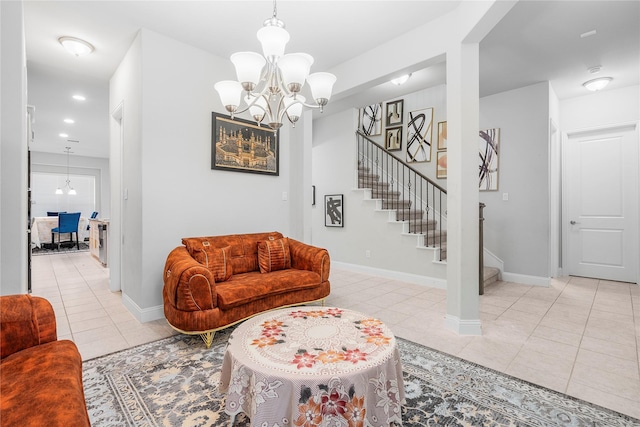 living room featuring light tile patterned floors, recessed lighting, a chandelier, and stairs