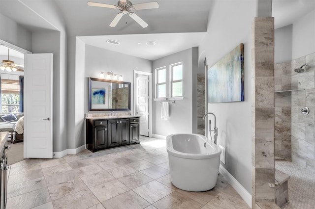 full bath with a walk in shower, a healthy amount of sunlight, ceiling fan, and visible vents