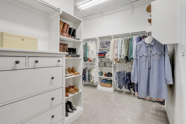 walk in closet with light carpet