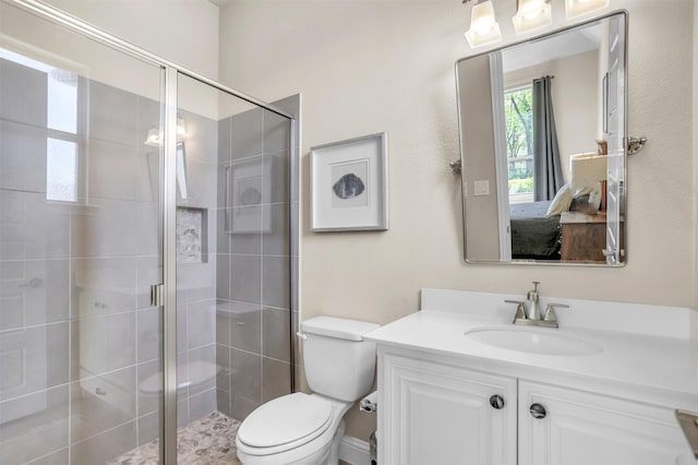 full bath featuring toilet, a shower stall, and vanity