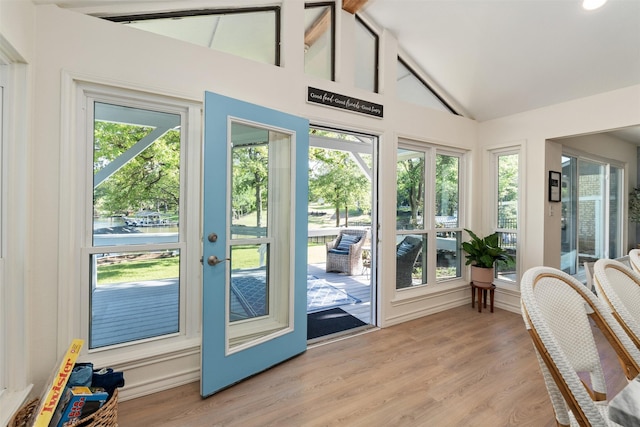 doorway to outside featuring light wood-type flooring, a healthy amount of sunlight, and a water view