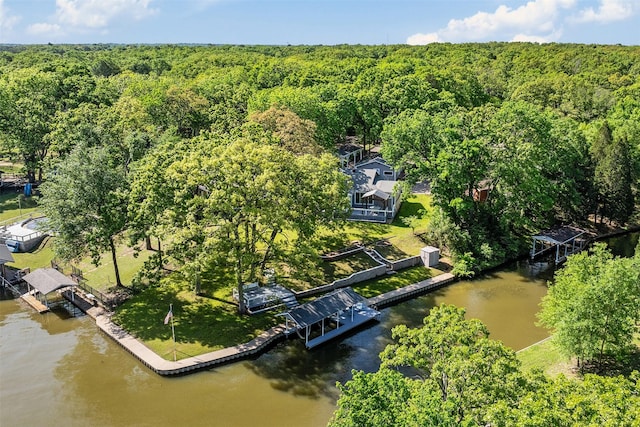 aerial view featuring a water view and a forest view