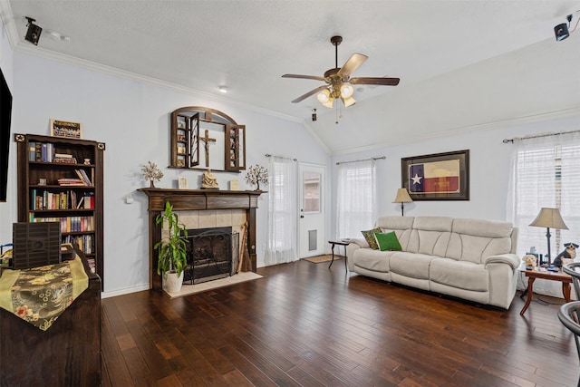5929 Black Bass Dr, Fort Worth, TX 76179 - living room with a tiled fireplace, a ceiling fan, vaulted ceiling, and a wealth of natural light