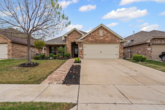 5929 Black Bass Dr, Fort Worth, TX 76179 - view of front of home featuring a garage, a front yard, concrete driveway, and brick siding