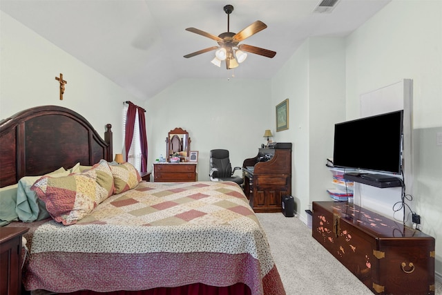 5929 Black Bass Dr, Fort Worth, TX 76179 - carpeted bedroom with visible vents, baseboards, vaulted ceiling, and a ceiling fan
