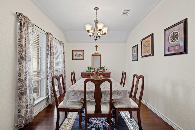 5929 Black Bass Dr, Fort Worth, TX 76179 - dining room featuring crown molding, dark wood-style flooring, a notable chandelier, and visible vents