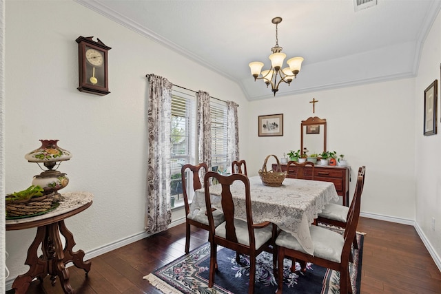 5929 Black Bass Dr, Fort Worth, TX 76179 - dining space featuring an inviting chandelier, ornamental molding, dark wood-style flooring, lofted ceiling, and baseboards
