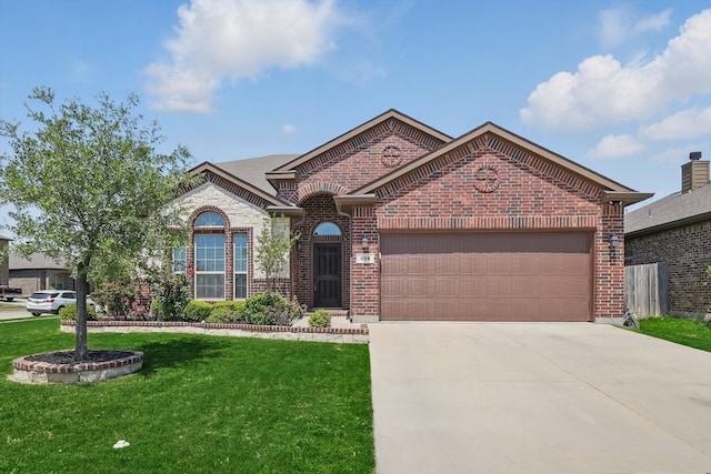 336 Avila Ln, Fort Worth, TX 76052 - french provincial home featuring brick siding, a front lawn, an attached garage, and concrete driveway