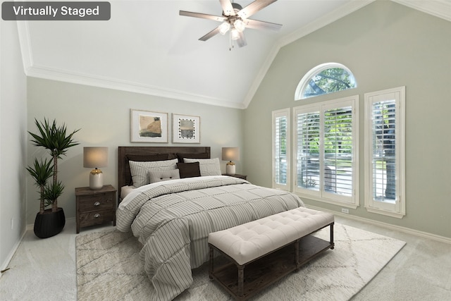 8425 Catskill Ct, Plano, TX 75025 - carpeted bedroom featuring ceiling fan, high vaulted ceiling, ornamental molding, and baseboards