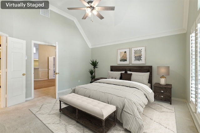 8425 Catskill Ct, Plano, TX 75025 - carpeted bedroom with crown molding, high vaulted ceiling, a ceiling fan, and baseboards