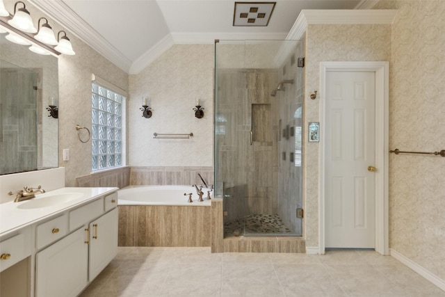 8425 Catskill Ct, Plano, TX 75025 - bathroom with a shower stall, crown molding, tile patterned floors, a garden tub, and vanity