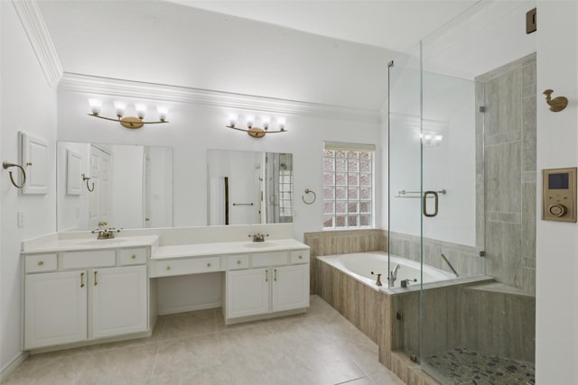 8425 Catskill Ct, Plano, TX 75025 - bathroom featuring ornamental molding, a stall shower, double vanity, a garden tub, and tile patterned floors