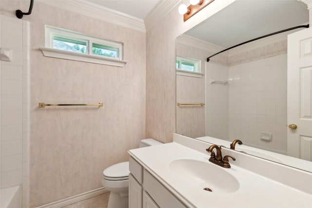 8425 Catskill Ct, Plano, TX 75025 - bathroom featuring vanity, toilet, crown molding, and bathing tub / shower combination