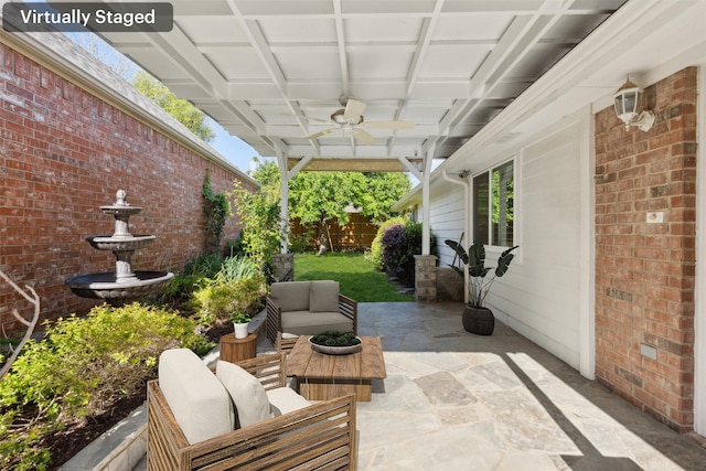 8425 Catskill Ct, Plano, TX 75025 - view of patio featuring an outdoor living space, ceiling fan, and a fenced backyard