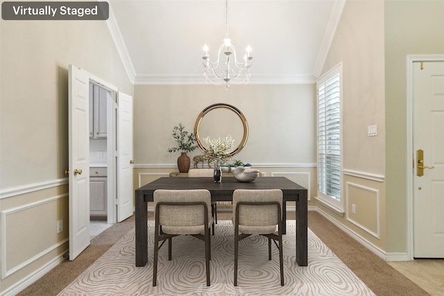 8425 Catskill Ct, Plano, TX 75025 - dining room with a chandelier, a wealth of natural light, crown molding, and lofted ceiling