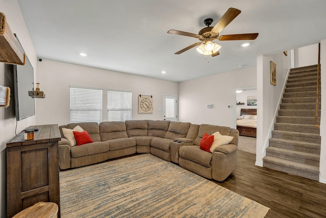 2112 Atlantic Ave, Anna, TX 75409 - living room featuring recessed lighting, ceiling fan, stairway, and wood finished floors