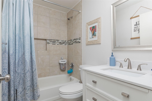 full bathroom with toilet, shower / tub combo, and vanity