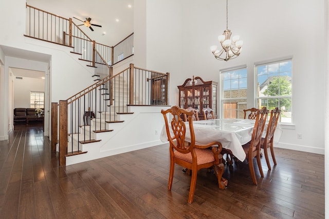 760 Durham St, Allen, TX 75013 - dining area with a chandelier, stairs, a high ceiling, and dark wood-style floors