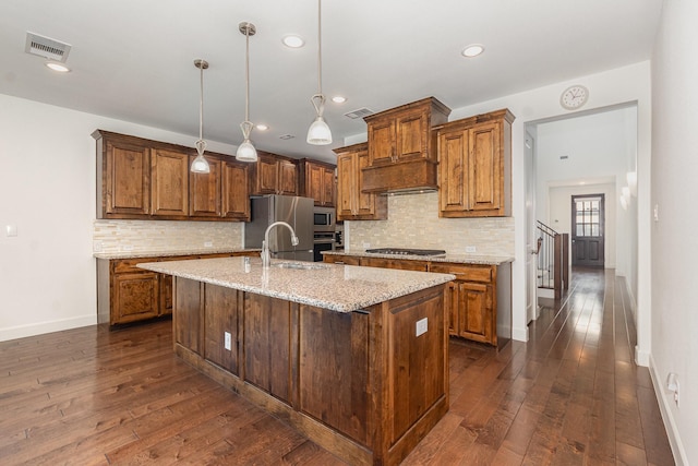 760 Durham St, Allen, TX 75013 - kitchen featuring a sink, baseboards, stainless steel appliances, dark wood-style floors, and decorative backsplash