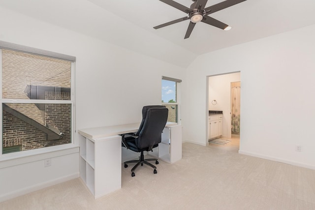 760 Durham St, Allen, TX 75013 - office space featuring light colored carpet, vaulted ceiling, a ceiling fan, and baseboards