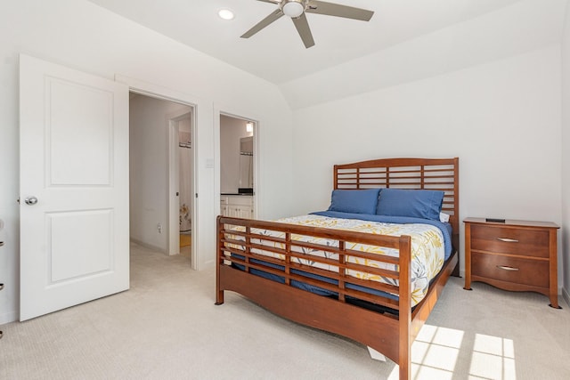 760 Durham St, Allen, TX 75013 - bedroom featuring light carpet, vaulted ceiling, connected bathroom, a ceiling fan, and recessed lighting
