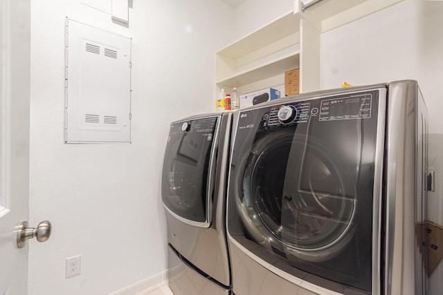 760 Durham St, Allen, TX 75013 - laundry room featuring electric panel, independent washer and dryer, and baseboards