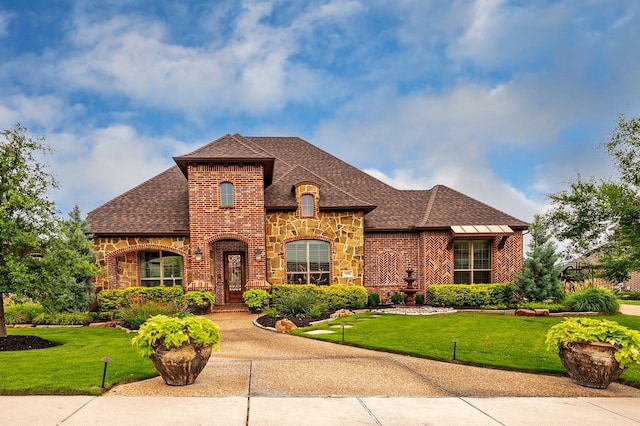 1000 Warren Dr, Prosper, TX 75078 - french country home featuring stone siding, a front lawn, and brick siding