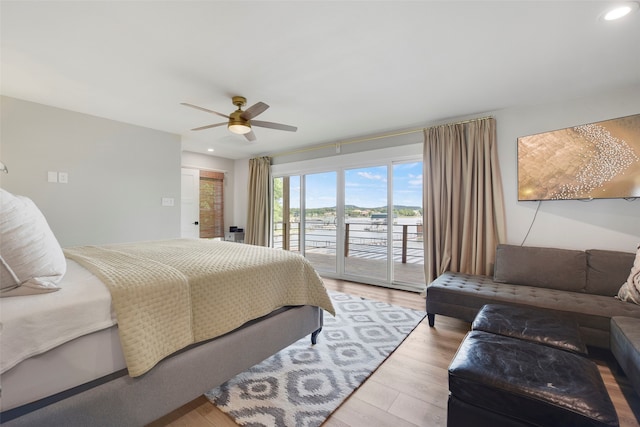 bedroom featuring recessed lighting, light wood-style floors, ceiling fan, and access to exterior