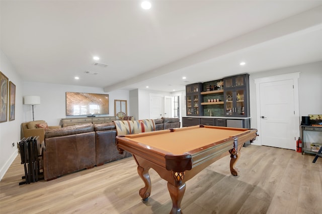 recreation room with billiards, light wood finished floors, and recessed lighting