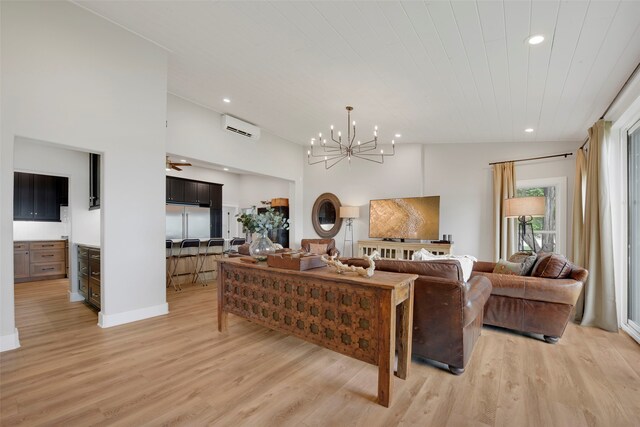 living room featuring recessed lighting, an AC wall unit, wooden ceiling, light wood-type flooring, and a chandelier