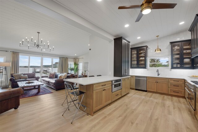 kitchen with a kitchen breakfast bar, open floor plan, light wood-style floors, stainless steel appliances, and light countertops
