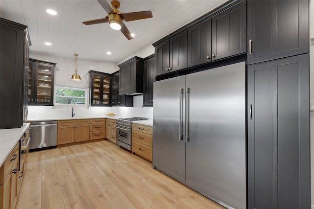 kitchen featuring light wood-style flooring, a sink, glass insert cabinets, ceiling fan, and high quality appliances