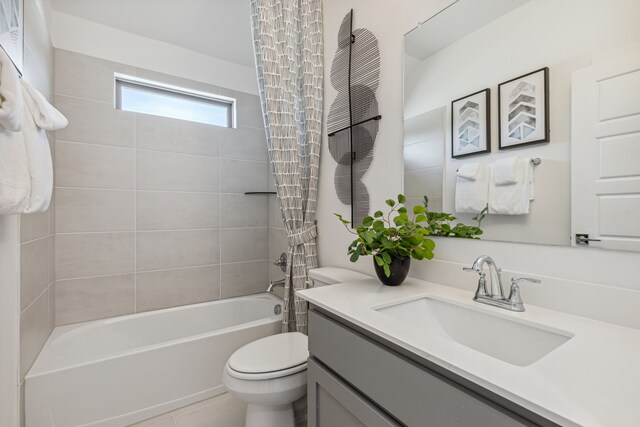 4500 Rustic Ridge Dr, Mckinney, TX 75071 - bathroom with vanity, toilet, shower / bath combination with curtain, and tile patterned floors