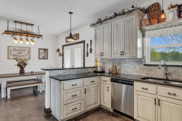 4024 County Road 2610, Bonham, TX 75418 - kitchen with stainless steel dishwasher, a sink, concrete floors, a peninsula, and backsplash