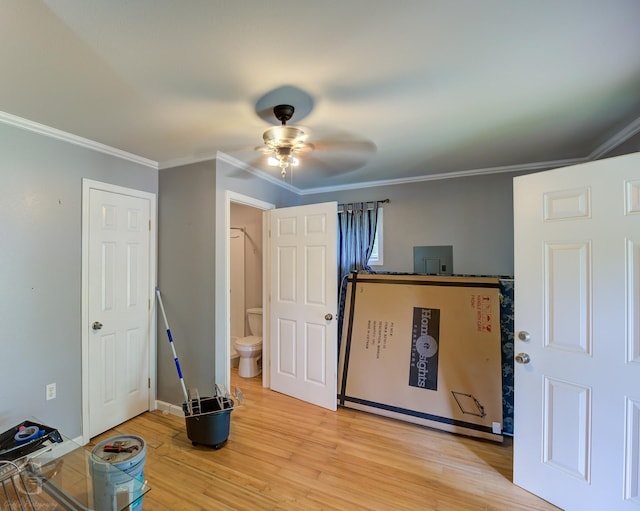 3132 Sandra Dr, Shreveport, LA 71119 - miscellaneous room with ornamental molding, ceiling fan, light wood-style floors, and baseboards