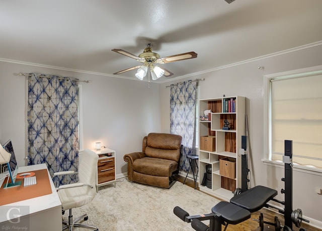 3132 Sandra Dr, Shreveport, LA 71119 - office with wood finished floors, baseboards, crown molding, and ceiling fan