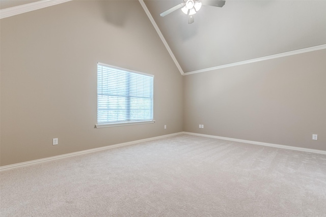 4301 Blackjack Oak Dr, Mckinney, TX 75070 - spare room featuring lofted ceiling, light carpet, ceiling fan, crown molding, and baseboards