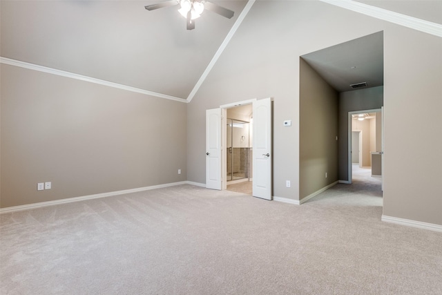 4301 Blackjack Oak Dr, Mckinney, TX 75070 - unfurnished bedroom featuring light colored carpet, high vaulted ceiling, baseboards, connected bathroom, and crown molding