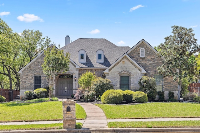 1406 Jacob Ave, Keller, TX 76248 - french country style house with a front yard, a shingled roof, stone siding, a chimney, and fence