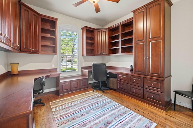 1406 Jacob Ave, Keller, TX 76248 - office area with light wood-style floors, ceiling fan, built in study area, and baseboards