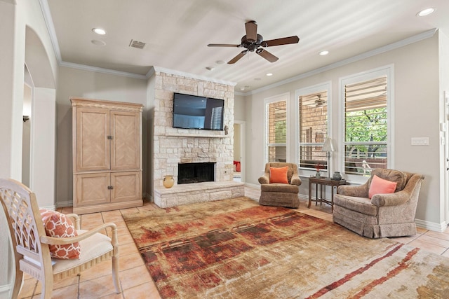 1406 Jacob Ave, Keller, TX 76248 - living area with visible vents, ceiling fan, crown molding, and light tile patterned flooring