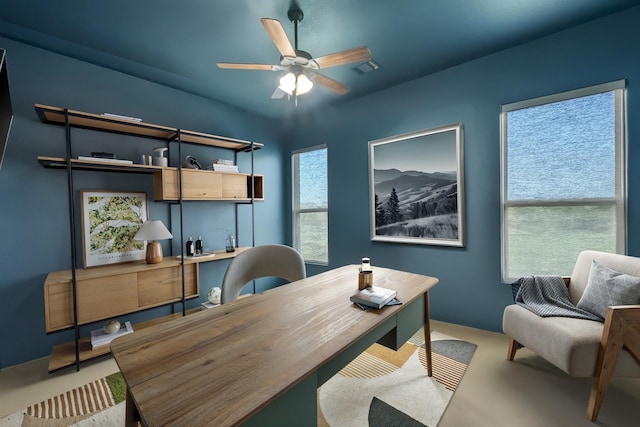 6611 Singleton Rd, Midlothian, TX 76065 - home office featuring a ceiling fan and concrete floors
