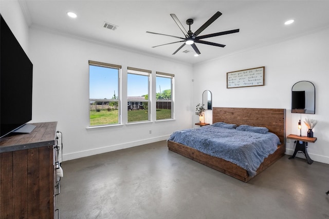 6611 Singleton Rd, Midlothian, TX 76065 - bedroom with baseboards, finished concrete flooring, ornamental molding, recessed lighting, and a ceiling fan