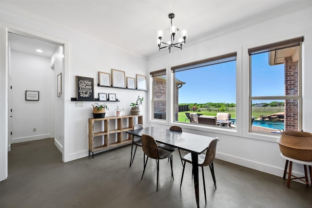 6611 Singleton Rd, Midlothian, TX 76065 - dining area featuring baseboards, a chandelier, healthy amount of natural light, concrete floors, and crown molding