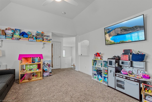 1870 Hillcroft Dr, Rockwall, TX 75087 - rec room featuring arched walkways, ceiling fan, carpet, and vaulted ceiling