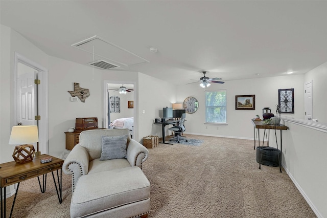 1346 Kiowa Dr E, Lake Kiowa, TX 76240 - sitting room featuring baseboards, attic access, a ceiling fan, carpet floors, and visible vents