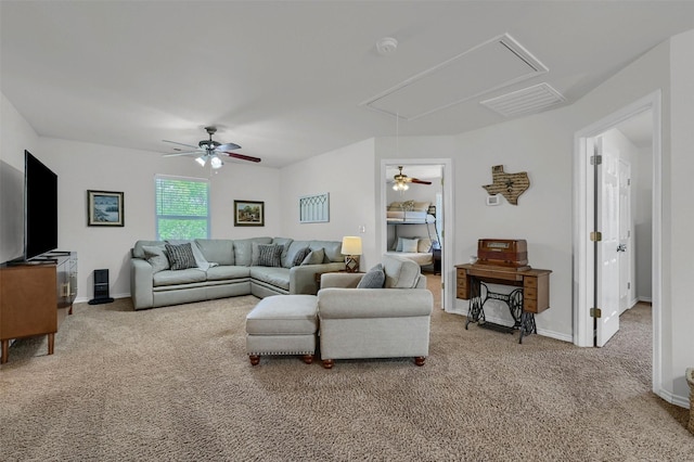 1346 Kiowa Dr E, Lake Kiowa, TX 76240 - carpeted living room featuring visible vents, baseboards, attic access, and a ceiling fan